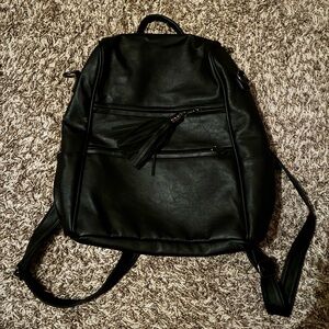 Black Faux Leather Backpack with Tassel Accent